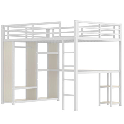 Queen Loft Bed, Heavy Duty Metal Loft Beds With Built-In Wardrobe, Space Saving Metal Loft Bed Frame With Desk And Storage Shelves For Dormitories And by Brayden Studio