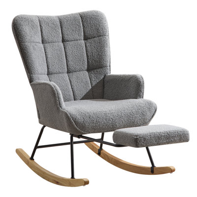 Upholstered Rocking Chair with Footrest, High Backrest Ergonomic Support Nursery Recliner Chair for Living Room, Bedroom