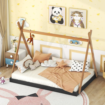 Kids Tent Floor Bed with Triangle Wood Frame, House Platform Bed for Sleep & Play by Redwood Rover