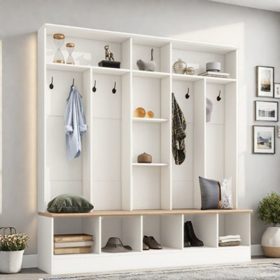 Wide Design Hall Tree With Storage Bench, Shoe Cabinet, Shelves And 8 Hooks