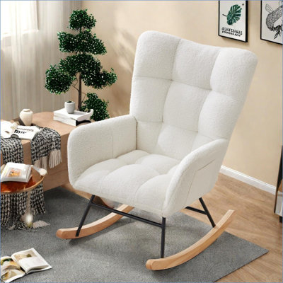 Rocking Chair Nursery, Teddy Upholstered Glider Chair with High Backrest, Armrest and Side Pockets, Modern Comfy Accent Armchair Reading Chair for Bed