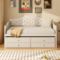 Twin Daybed with Trundle, Twin Size Daybed with 2 Storage Drawers, Wooden Sofa Bed with Upholstered Button Tufted Backrest for Living Room, Bedroom, G