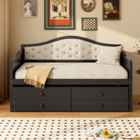 Twin Daybed with Trundle, Twin Size Daybed with 2 Storage Drawers, Wooden Sofa Bed with Upholstered Button Tufted Backrest for Living Room, Bedroom, G by One Allium Way