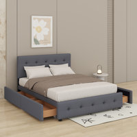 Queen Size Upholstered Platform Bed With Classic Headboard And Drawers