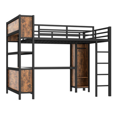 Queen Size Metal Loft Bed with Wardrobe, L-Shaped Desk & Storage Shelves, Heavy Duty Black Woodgrain for Kids Teens Adults by Latitude Run