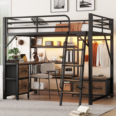 Loft Bed with Desk and LED, Metal Loft Bed with Storage Shelves, Wardrobe and Storage Drawers for Boys Girls, Expect Arrival Date 2025/7/26 by 17 Stories