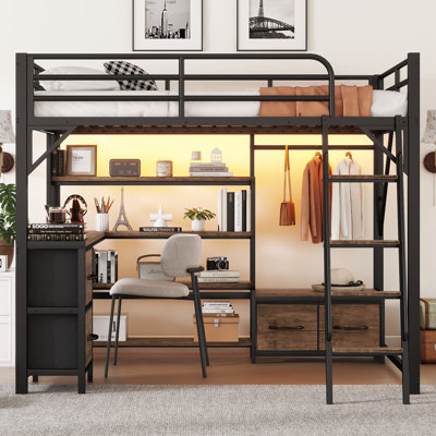 Loft Bed with Desk and LED, Metal Loft Bed with Storage Shelves, Wardrobe and Storage Drawers for Boys Girls, Expect Arrival Date 2025/7/26 by 17 Stories