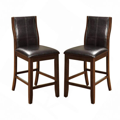 Transitional Dining Room Counter Height Chairs Set Of 2Pc High Chairs Only Brown Cherry Unique Curved Back Espresso Leatherette Padded Seat