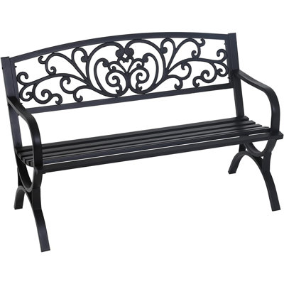 Outdoor 50 Inches Garden Bench, Slatted Seat Armrests Floral Design Backres And Arch Legs, Perfect For Park, Yard, Porch, Lawn, Balcony, Backyard, Bla by Astoria Grand