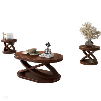 Retro Coffee Table Sets 3 Pieces, Wood Living Room Table Set Include 44" Oval Coffee Table, Round End Table Set Of 2, End Table by 17 Stories