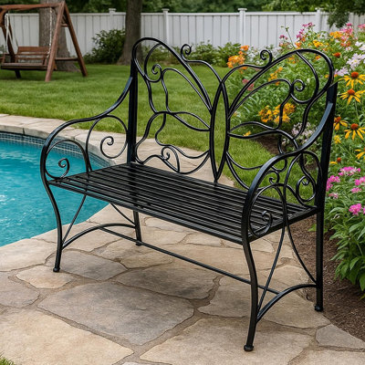 Outdoor Bench Patio Outdoor Sturdy Rust-Resistant Garden Bench Butterfly Cast Iron Metal With Armrests For Garden, Park,Yard, Patio, Porch, Lawn Doubl by Lark Manor