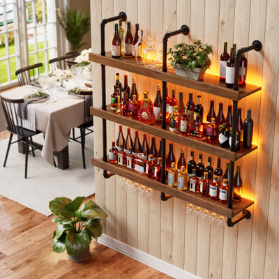 Floating Bar Shelves For Liquor, Wall-mounted Wine Rack With Led Light, Hanging Wine Rack With Stemware Glass Holders For Kitchen, Dining Room, Bar De by George Oliver