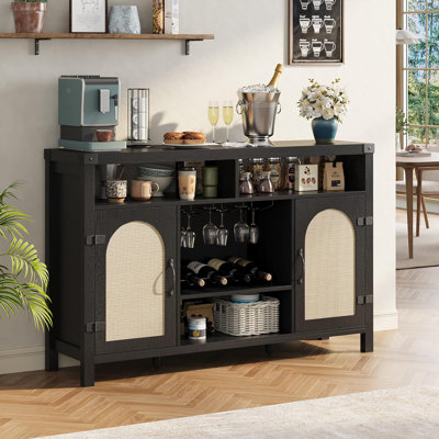 Rattan Wine Cabinet Sideboard Buffet with Storage, Boho Farmhouse Liquor Cabinet with Wine Racks and Coffee Bar Shelves for Dining Room, Living Room,