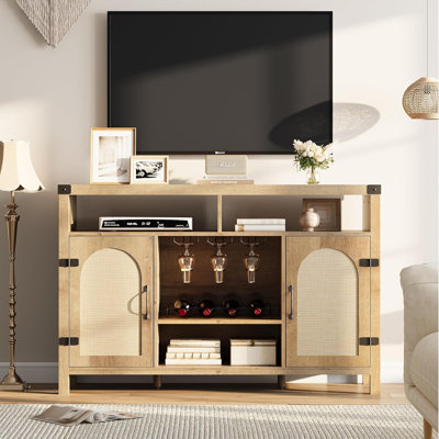 Rattan Wine Cabinet Sideboard Buffet with Storage, Boho Farmhouse Liquor Cabinet with Wine Racks and Coffee Bar Shelves for Dining Room, Living Room, by Bay Isle Home