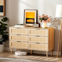 Oak 15MM P2 Density Board Solid Legs Real Rattan Melamine+Weave 47.2In 6-Drawer Cabinet by Charlton Home