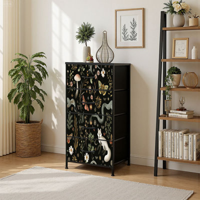 4 Drawer Vertical Storage Dresser Fairy forest Moon stars hare squirrel owl flowers mushrooms with Wood Top & Fabric Pull Drawers by Dakota Fields