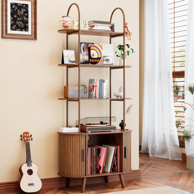 Vinyl Record Player Stand, 4 Tier Arched Bookshelf Retro Small Record Storage Cabinet, Fluted Media Display Mid Century Modern Turntable Stand For Liv
