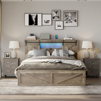 Farmhouse Bed Frame With LED Lights And Charging Station, Wooden Queen Bed With 2 Storage Drawers, Rustic Headboard With Sliding Barn Door Storage Cab by Ophelia & Co.