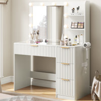 Dulane 36" Makeup Vanity With Charging Station, 4 Drawers, 3 Shelves and Glass Top by Willa Arlo Interiors