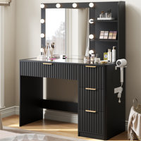Dulane 36" Makeup Vanity With Charging Station, 4 Drawers, 3 Shelves and Glass Top by Willa Arlo Interiors