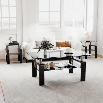 3 Pieces Living Room Table Set, Coffee Table Set of 3 Modern Rectangle Tempered Glass Coffee Table (3, Transparent) by Wrought Studio