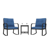 3 Pieces Patio Bistro Set Set Outdoor Furniture With 2 Black Wicker-Top Rocking Chairs Going With Cushions And 1 Glass-Top Table For Countyard, Poolsi by Winston Porter
