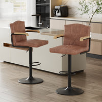 Set Of 2 Adjustable Swivel Bar Stools With Backs And Armrests, Faux Leather Kitchen Island Counter Height Bar Chairs With Round Metal Base And Footres by 17 Stories