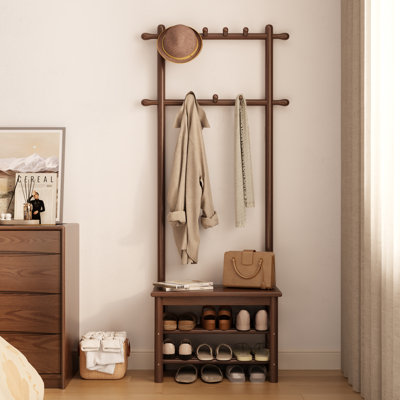 Solid Wood Hall Tree with Bench and Shoe Storage, Entryway Organizer with 11 Hooks and Two-Tier Shoe Rack for Mudroom or Hallway