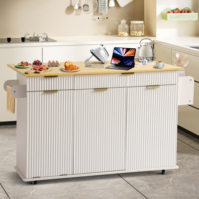 Kitchen Island Cart With Drop Leaf, Rolling Kitchen Cart With Cabinets, Drawers, Spice & Towel Racks, Trash Can Storage, Built-in Power Outlet by Ebern Designs