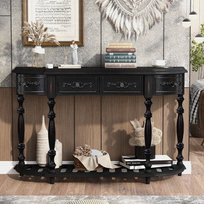 Retro Curved Console Table, 52" Solid Wood Half Moon Console Table Sofa Table With 4 Drawers 1 Open Shelf For Living Room,Entryway,Hallway by Bloomsbury Market