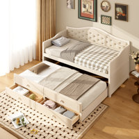 Twin Daybed with Trundle & 2 Storage Drawers — Button-Tufted Wooden Sofa Bed for Living/Bedroom/Guest Room by Wildon Home