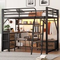 Metal Loft Bed with Desk, LED, Storage Shelves, Wardrobe & Drawers, Kids, Black by Ivy Bronx