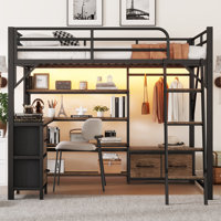 Metal Loft Bed with Desk, LED, Storage Shelves, Wardrobe & Drawers, Kids, Black by Ivy Bronx