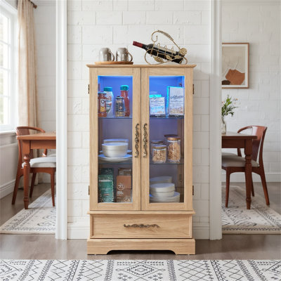 Elegant Lighted Glass Curio Display Cabinet With Adjustable Shelves, 2 Doors, 1 Drawer And Bulb