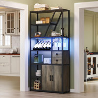 Wine Bar Cabinet with LED Lights & Power Outlets - Coffee Bar Station with Wine Rack for Kitchen Living Room by Wrought Studio