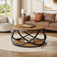 31.5" Round Coffee Table With Storage Shelves, 2-Tier Rustic Circle Center Table With Sturdy Metal Frame For Living Room, Small Space, Brown