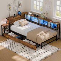 Corner Bed Frame With Drawers, Bookcase & Bedside Rack, Twin Daybed With Led Lights And Charging Station by Brayden Studio