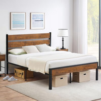 Farmhouse Bed Frame with, Metal Platform, Noise-Free, Under-Bed Storage, No Box Spring Needed