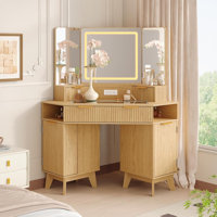 56" Fluted Makeup Vanity with Triple Mirror Lights, Glass Top & Charging Station for Bedroom Corner by George Oliver