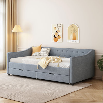 Twin Size Daybed With Drawers Upholstered Tufted Sofa Bed, With Button On Back And Piping On Waved Shape Arms by Everly Quinn