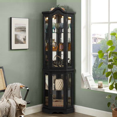 Lighted Corner Curio Cabinet With Tempered Glass Doors & Shelves - Elegant Oak Display Storage For Living Room & Bedroom Decor by 17 Stories