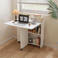 Folding Drop Leaf Dining Table with 6 Wheels and 2-Layer Storage Shelf, Space Saving Table for Small Spaces, White by Ebern Designs