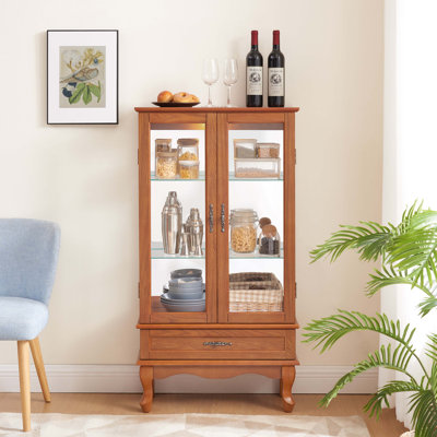 Lighted Glass Display Cabinet with Adjustable Shelves, Two Doors and One Drawer for Home Decor and Storage, Ideal for Showcasing Treasures by Red Barrel Studio
