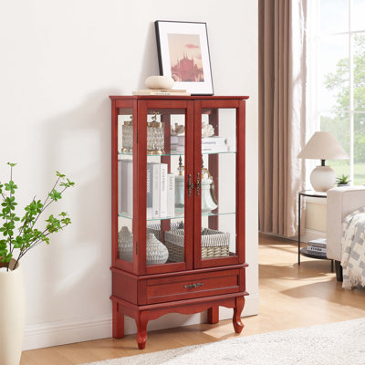 Lighted Glass Display Cabinet with Adjustable Shelves, Two Doors and One Drawer for Home Decor and Storage, Ideal for Showcasing Treasures by Red Barrel Studio