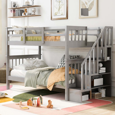 Stairway Twin-Over-Twin Bunk Bed with Ample Storage and Guard Rail, Space-Saving in Bedroom or Dorm, Easily Separable by One Allium Way