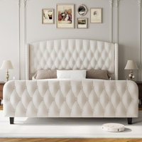 51" Velvet Bed Frame with Wingback Headboard - Tufted Upholstered Platform Bed, No Box Spring Needed by House of Hampton