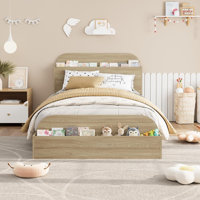 Size Bed Frame with Storage Headboard - Low Platform Bed with Raised Footboard for Kids, No Box Spring