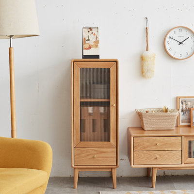 Solid Storage Cabinet For Living Room - Free-Standing Corner Cabinets Storage Table With Vintage Glass Door,2 Shelves,1 Drawers & Brass Handle For Ent by George Oliver