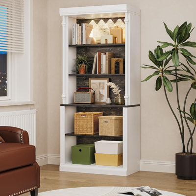 5-Tier Tall Bookcase with Adjustable Shelves, Roman Column Style Bookshelf with LED Light, Freestanding Display Storage Shelf for Living Room or Home