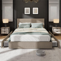 Full/Queen/King Bed Frame with Wingback Headboard - 4 Storage Drawers, Corduroy Upholstered, No Box Spring